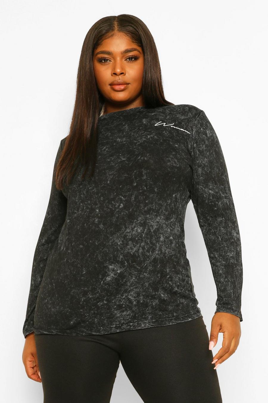 Grande taille - T-shirt délavé imprimé Woman sur la poche, Charcoal image number 1