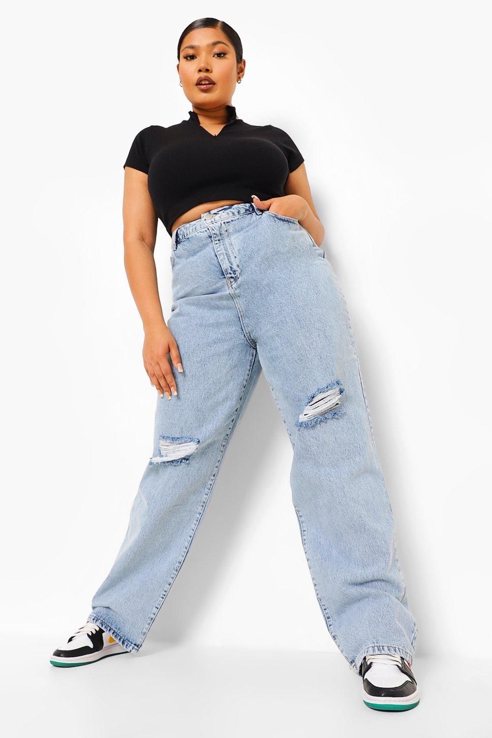 Plus Vintage Wash Rip Knee Boyfriend Jeans