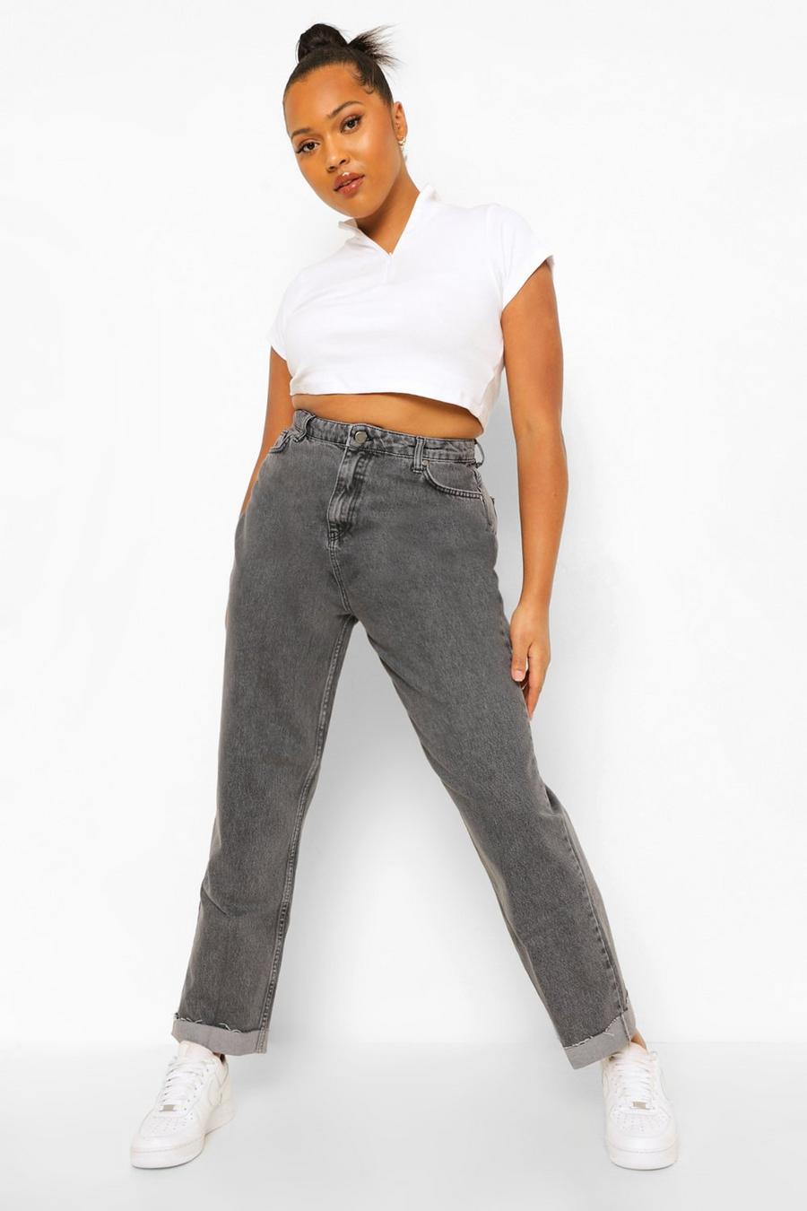 ג'ינס למידות גדולות בגזרת מאם עם שפשוף וינטג', גימור פרום וקפל חיצוני image number 1