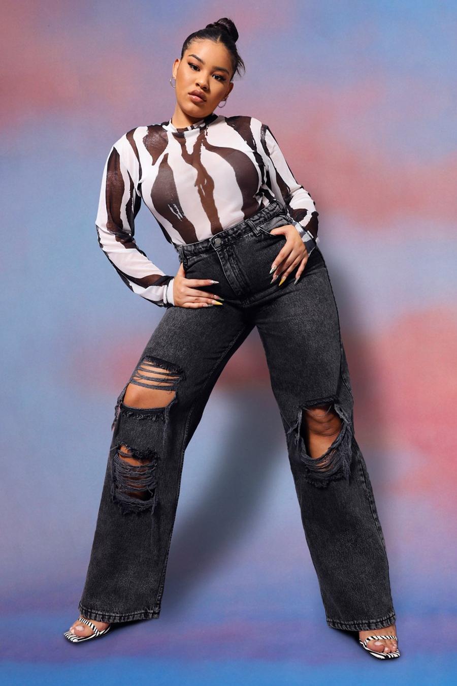 שחור דהוי ג'ינס למידות גדולות בגזרה רחבה עם קרעים בברך  image number 1