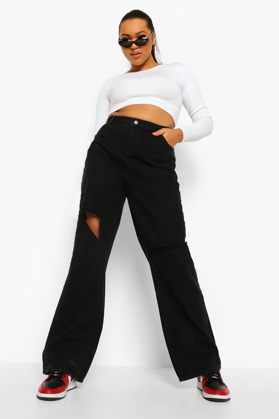שחור דהוי מכנסי ג'ינס רחבות עם קרעים גדולים בגזרת בויפרנד למידות גדולות  image number 1