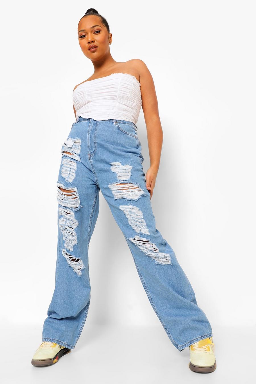 כחול בהיר ג'ינס בגזרת בויפרנד למידות גדולות עם קרעים גדולים במיוחד  image number 1