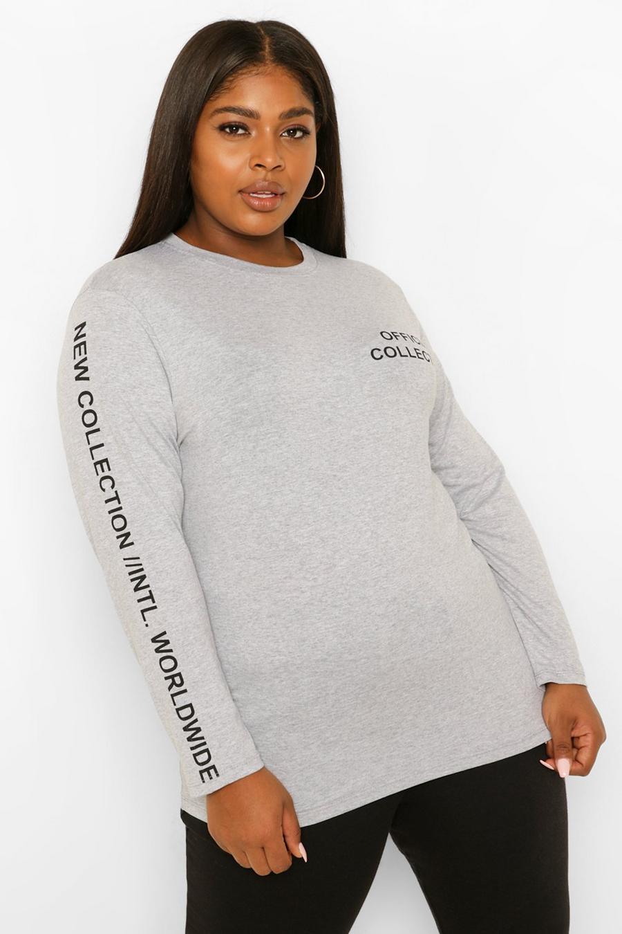 Grey marl Plus Printed Long Sleeve T-Shirt image number 1