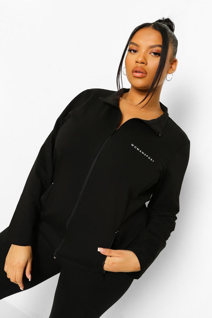 Black noir Plus Activewear 'Woman' Zip Through Gym Jacket