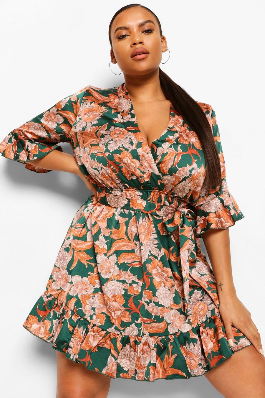 Green Plus Floral Wrap Mini Dress image number 1