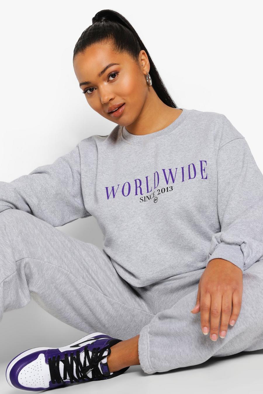 Plus Sweatshirt mit „Worldwide“-Print in Übergröße, Grau image number 1
