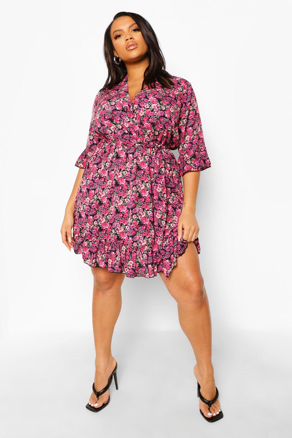 Plus Ditsy Floral Wrap Belted Dress boohoo