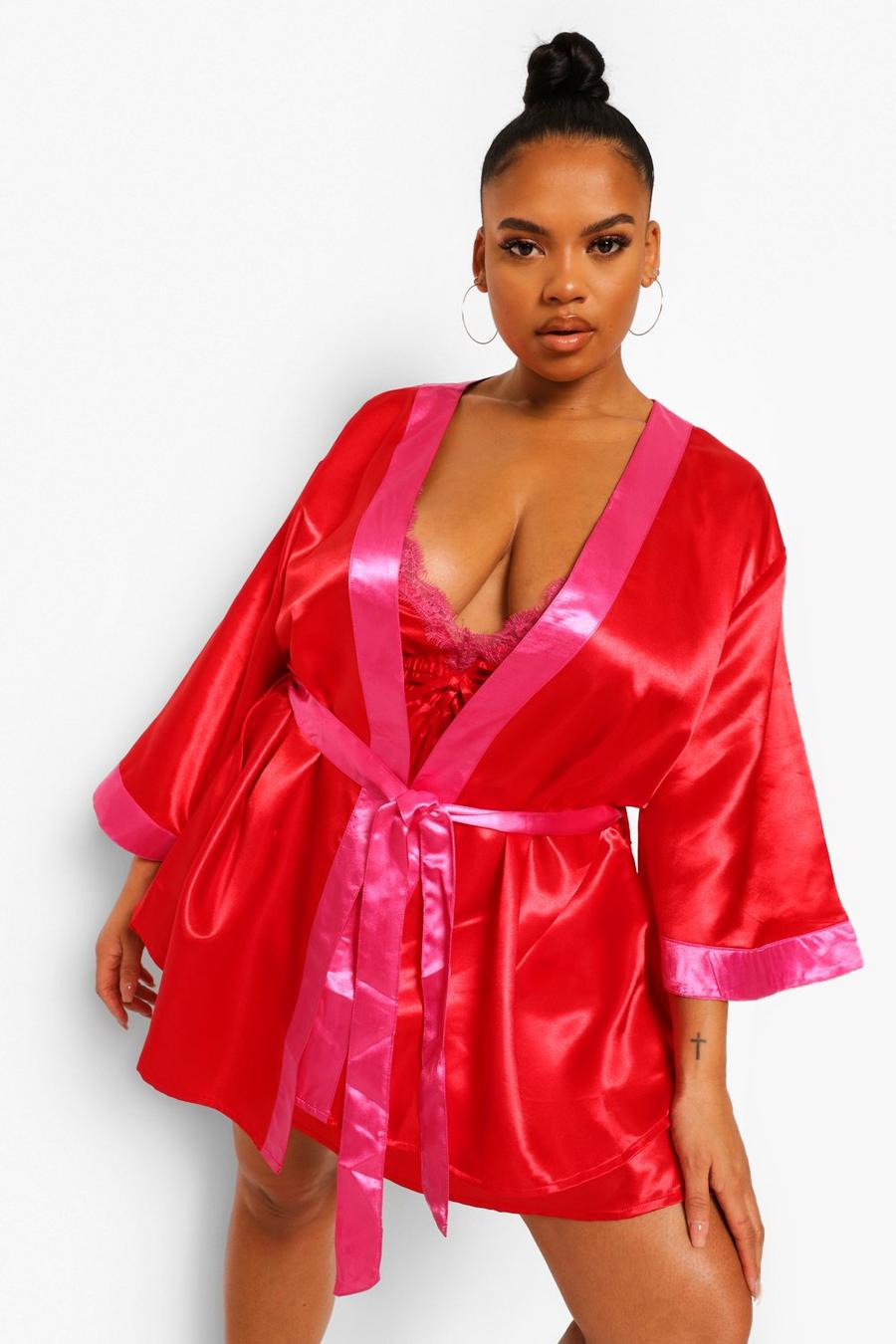Plus Kimono-Morgenmantel aus Satin in Kontrastfarben, Rot image number 1