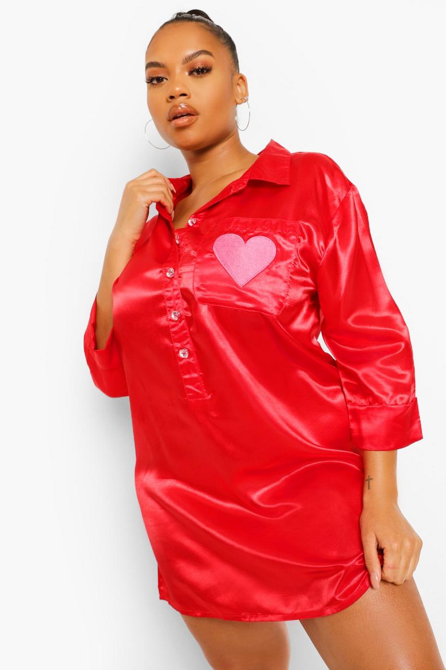 Red Plus Heart Embroidered Satin Nightshirt image number 1