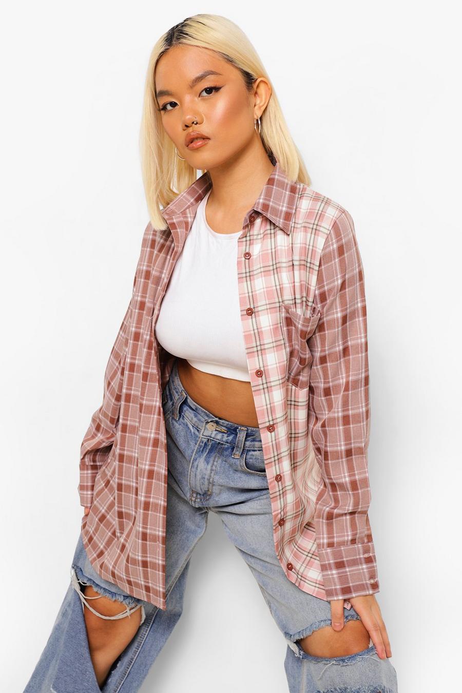 Chocolate Petite Contrast Check Oversized Shirt image number 1