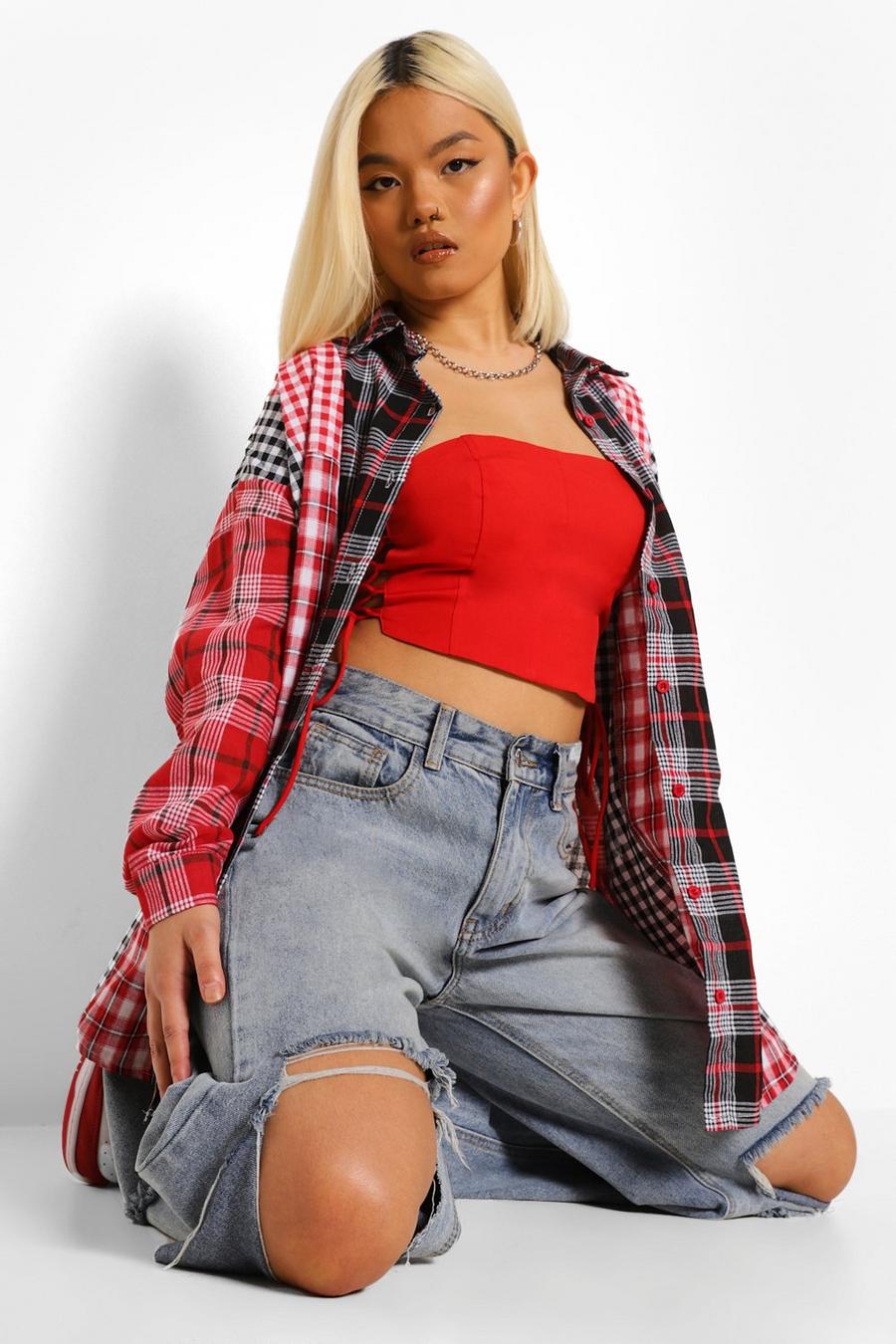 Red Petite Spliced Check Oversized Shirt image number 1