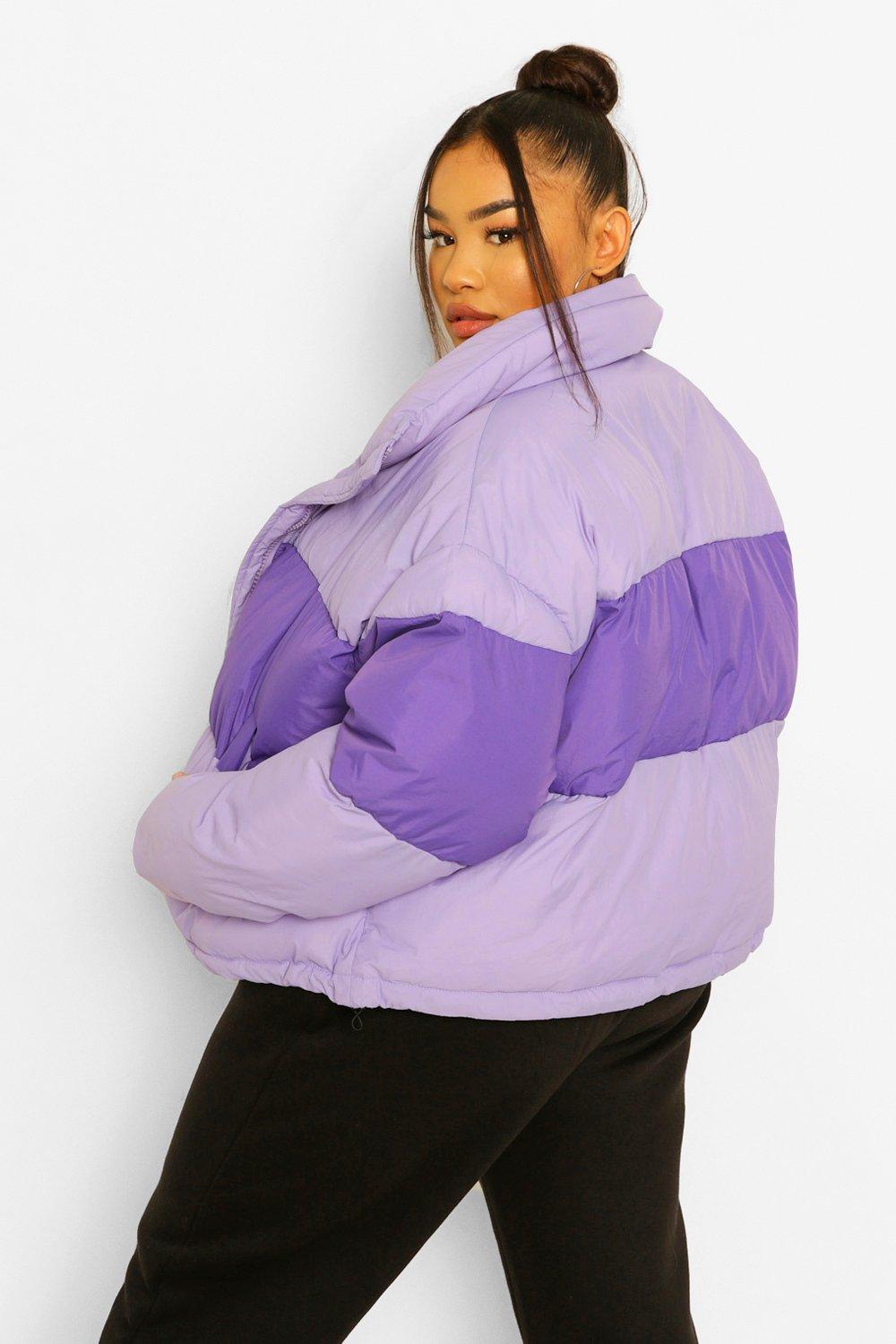PURPLE PUFFER COAT WITH COLOR BLOCK PURPLE PUFFER COAT WITH COLOR BLOCK