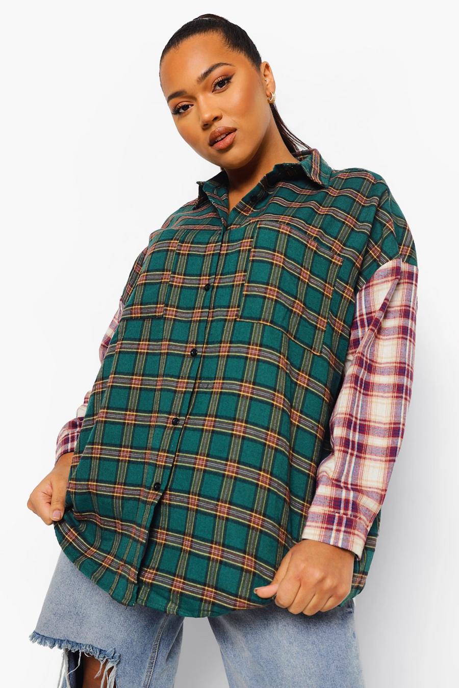 Bottle green Plus Contrast Flannel Oversize Boyfriend Shirt image number 1