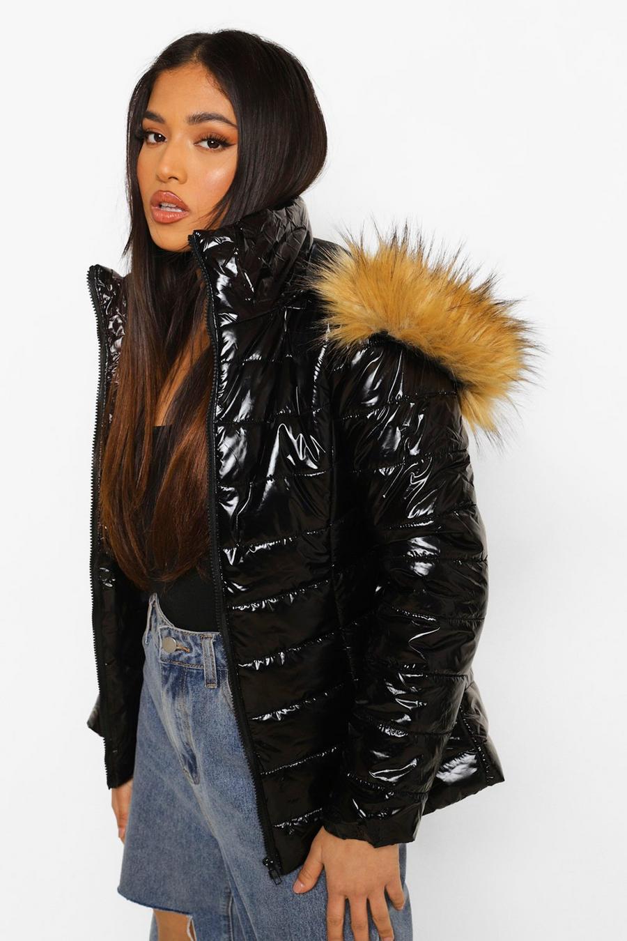 Black Petite High Shine Faux Fur Trim Hooded Coat image number 1
