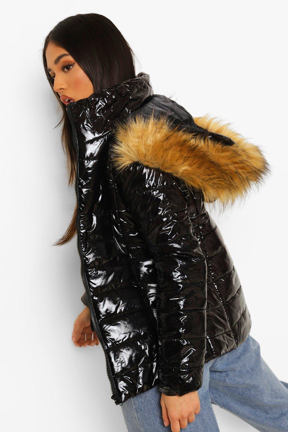 Petite high shine faux fur sale trim hooded coat