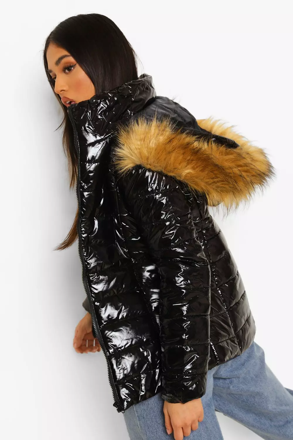 High shine faux store fur trim hooded coat