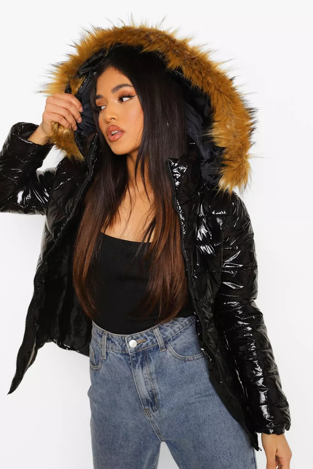 Petite high shine faux cheap fur trim hooded coat