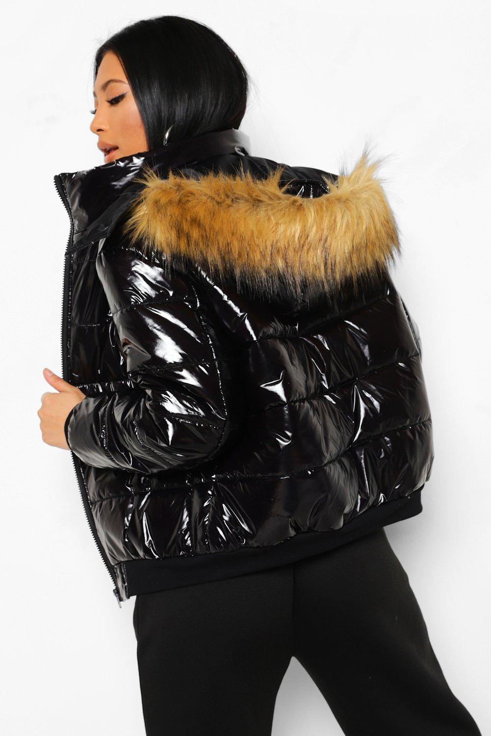 Petite Faux Fur Hooded Oversized Puffer Jacket