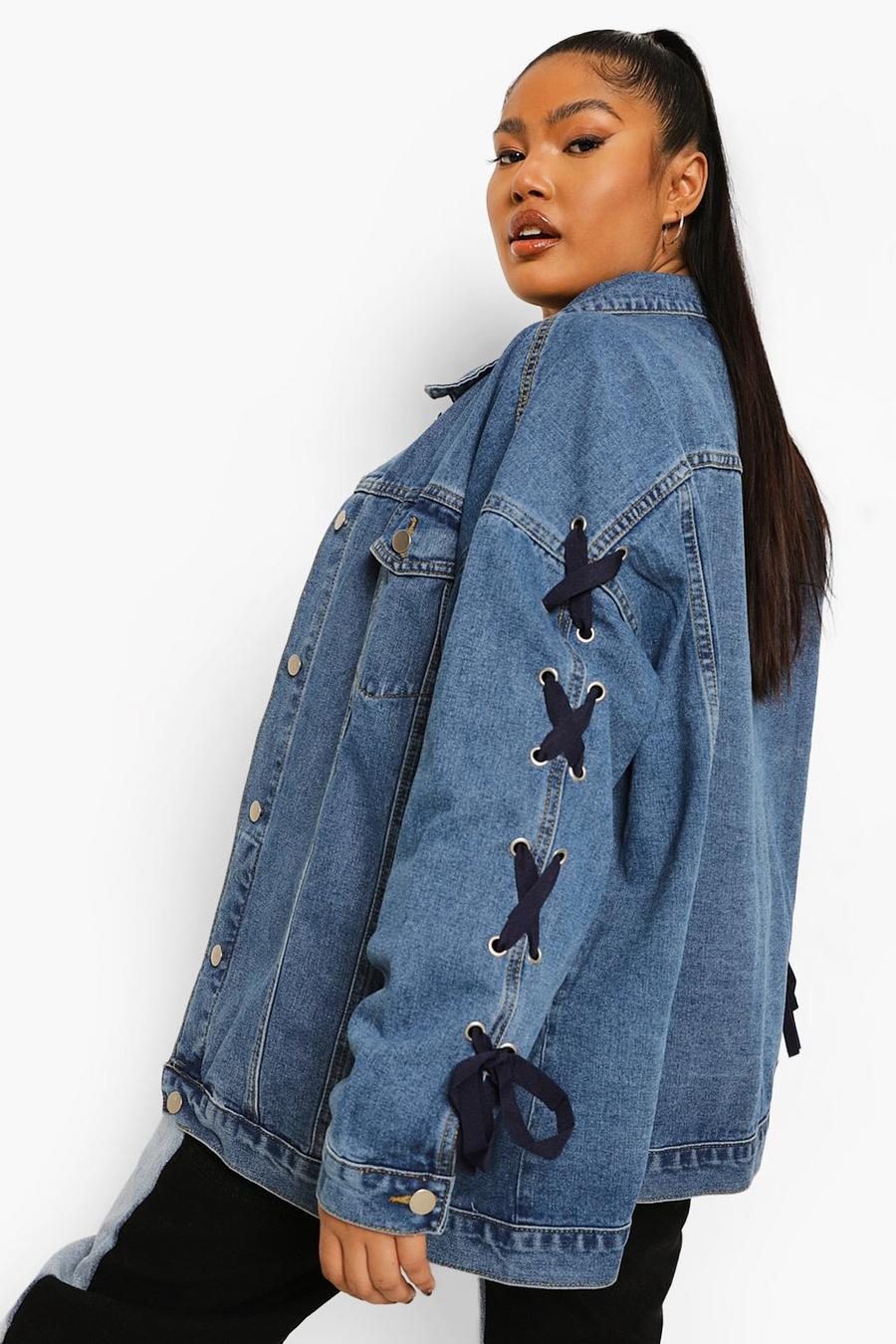 Mid blue Plus Lace Detail Oversized Denim Jacket image number 1