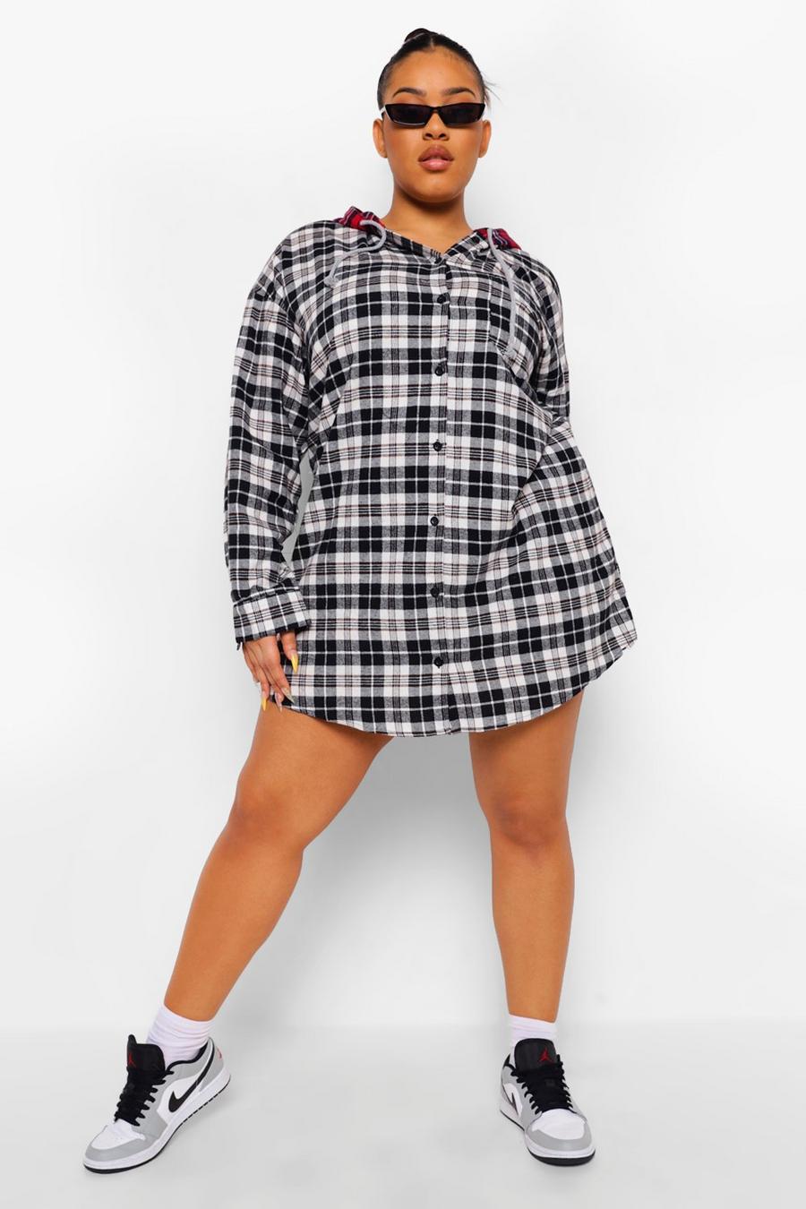 Black Plus Flannel Hoodie Overshirt Dress image number 1