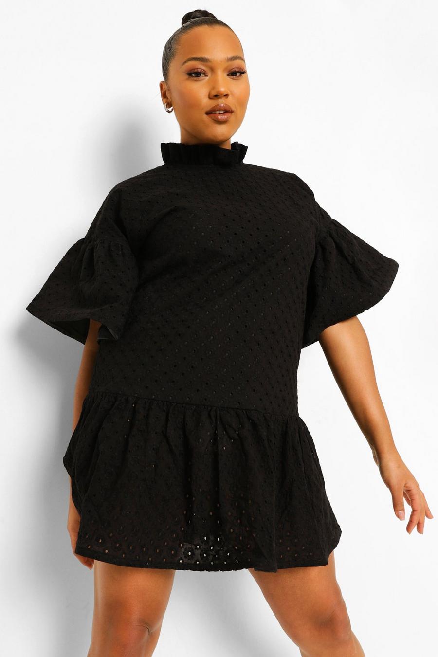 שחור שמלת סמוק עם מלמלה בסגנון ברודרי מידות גדולות image number 1