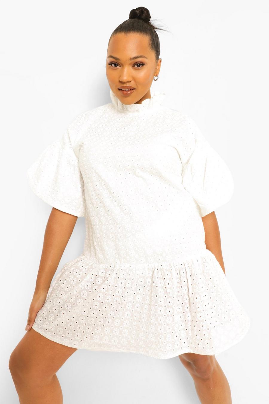 White Plus Broderie Ruffle Smock Dress image number 1