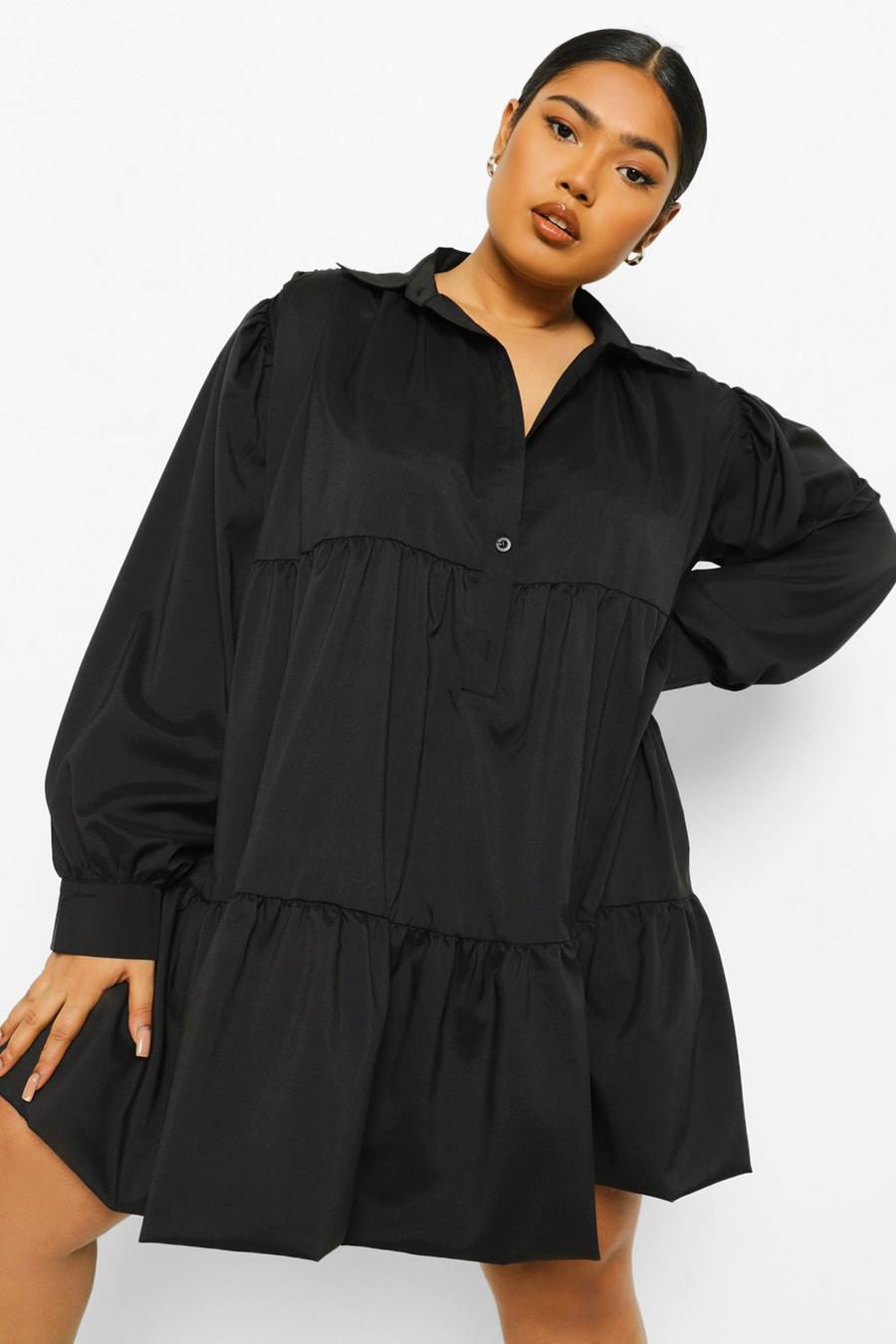 Black Plus Extreme Oversize Tiered Shirt Dress image number 1