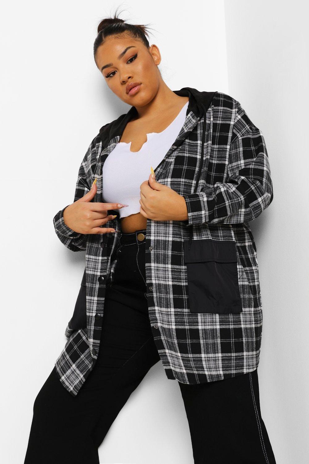 Plus Flannel Hoodie Overshirt