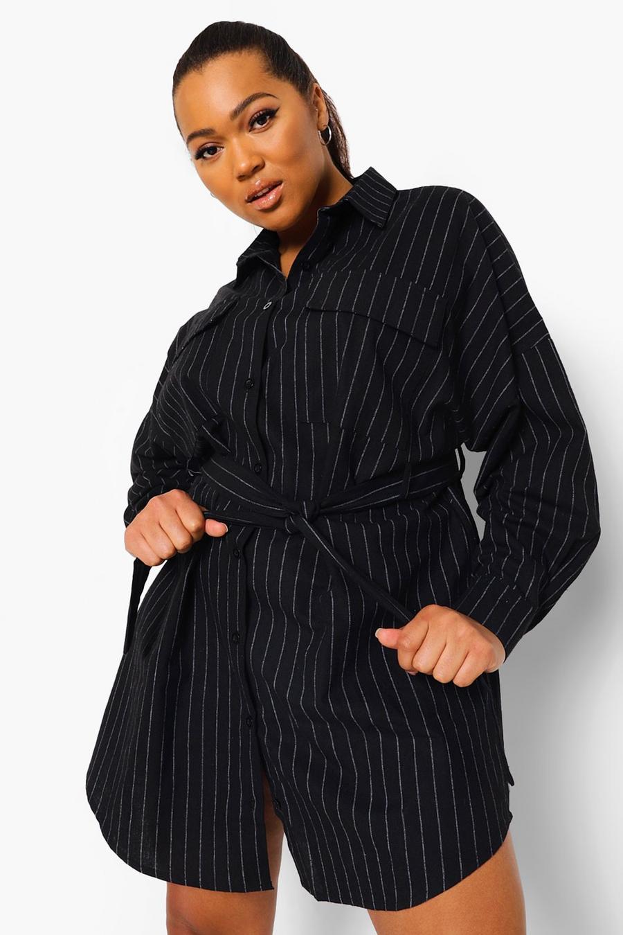Black Plus Pinstripe Pocket Front Shirt Dress image number 1