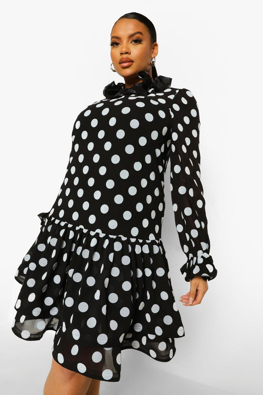 Black Plus Polka Dot Ruffle Smock Dress image number 1