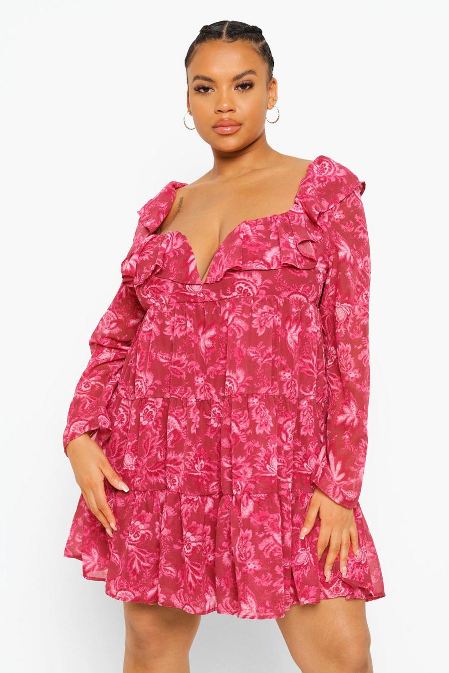 Soft pink Plus - Blommig volangklänning image number 1