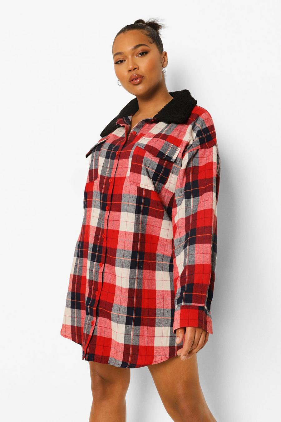 Red Plus Borg Collar Flannel Shirt Dress image number 1