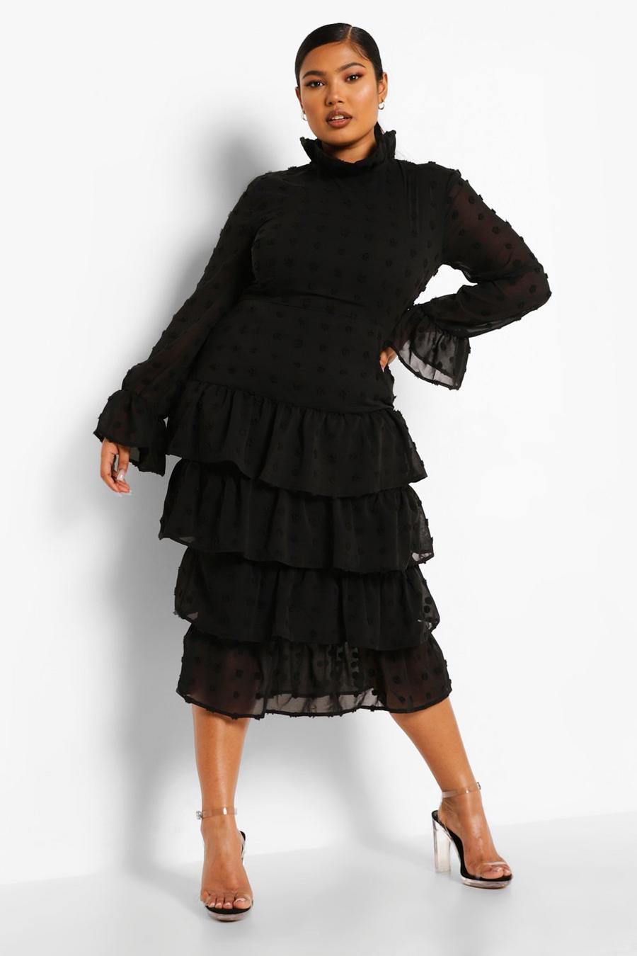 Black svart Plus Polka Dot Ruffle Tiered Midi Dress