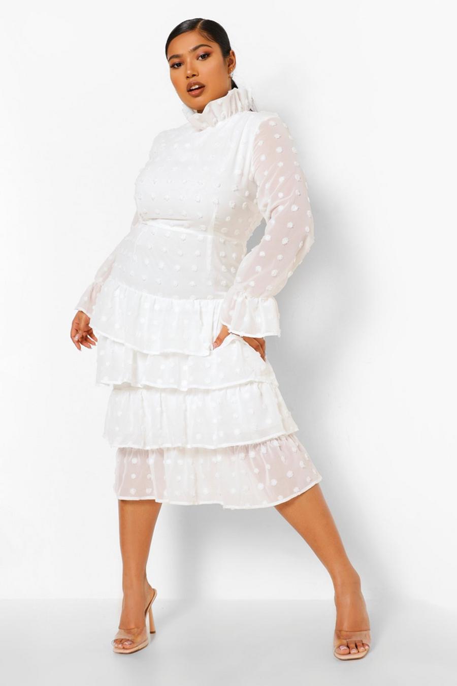 Cream white Plus Polka Dot Ruffle Tiered Midi Dress