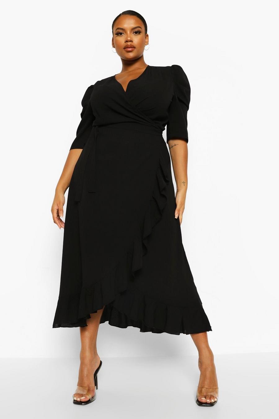 שחור שמלת מקסי בסגנון מעטפת עם מלמלה למידות גדולות image number 1