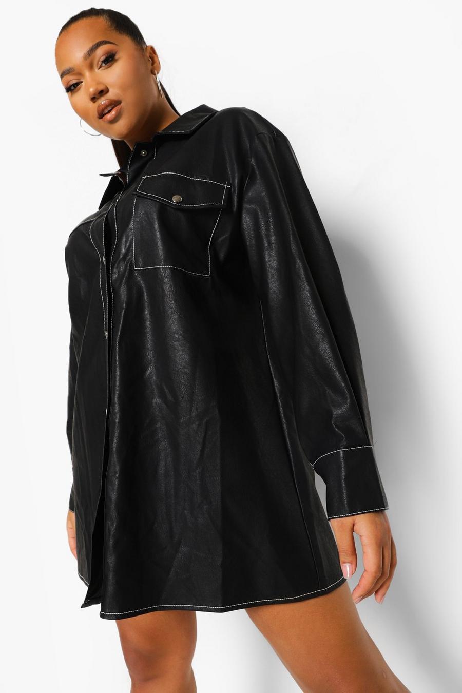 Black Plus Faux Leather Oversized Shirt Dress image number 1