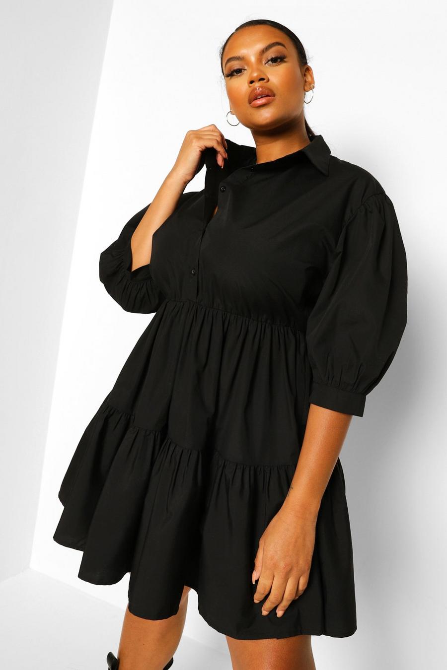 Black שמלת חולצה סמוק מדורגת מידות גדולות image number 1