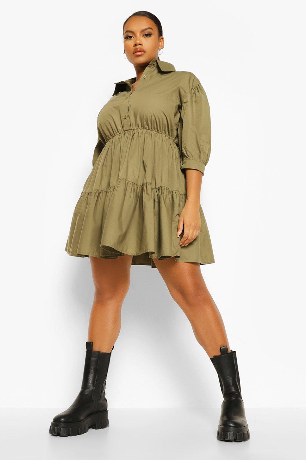 Plus Tiered Smock Shirt Dress