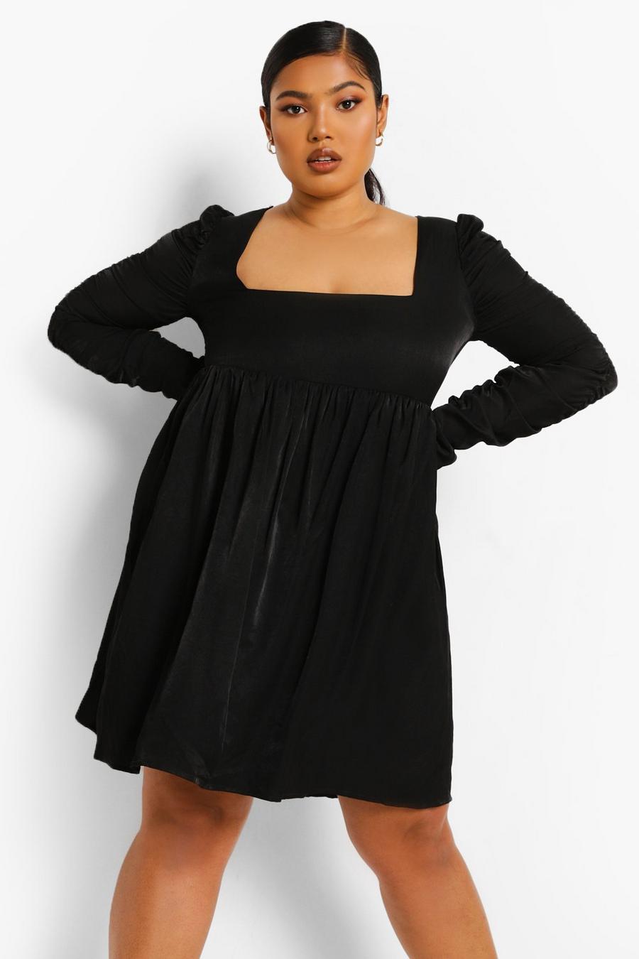 שחור שמלת סקייטר עם כיווצים בשרוולים מידות גדולות  image number 1