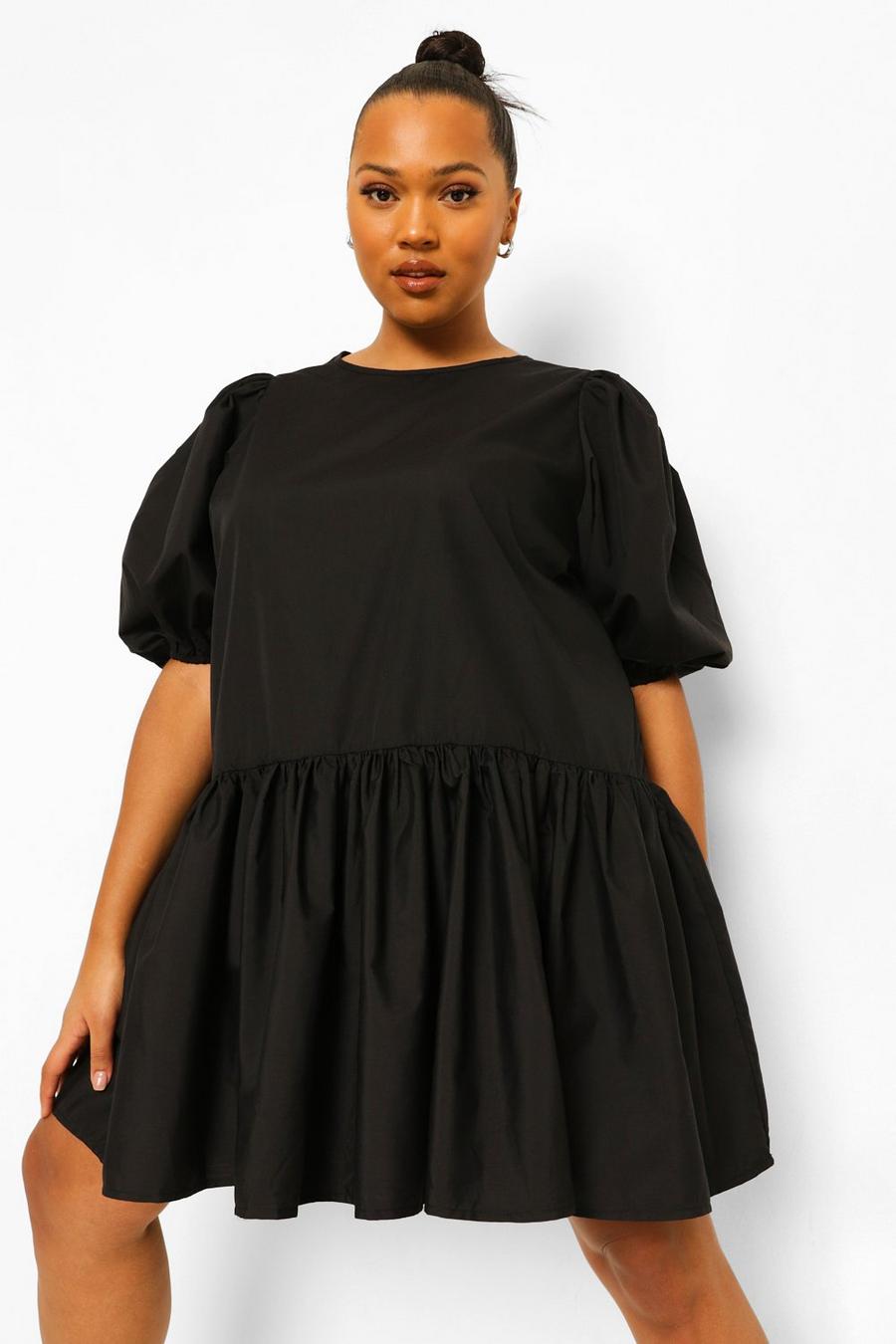 Vestido estilo blusón de algodón en capas con manga abullonada Plus, Negro image number 1