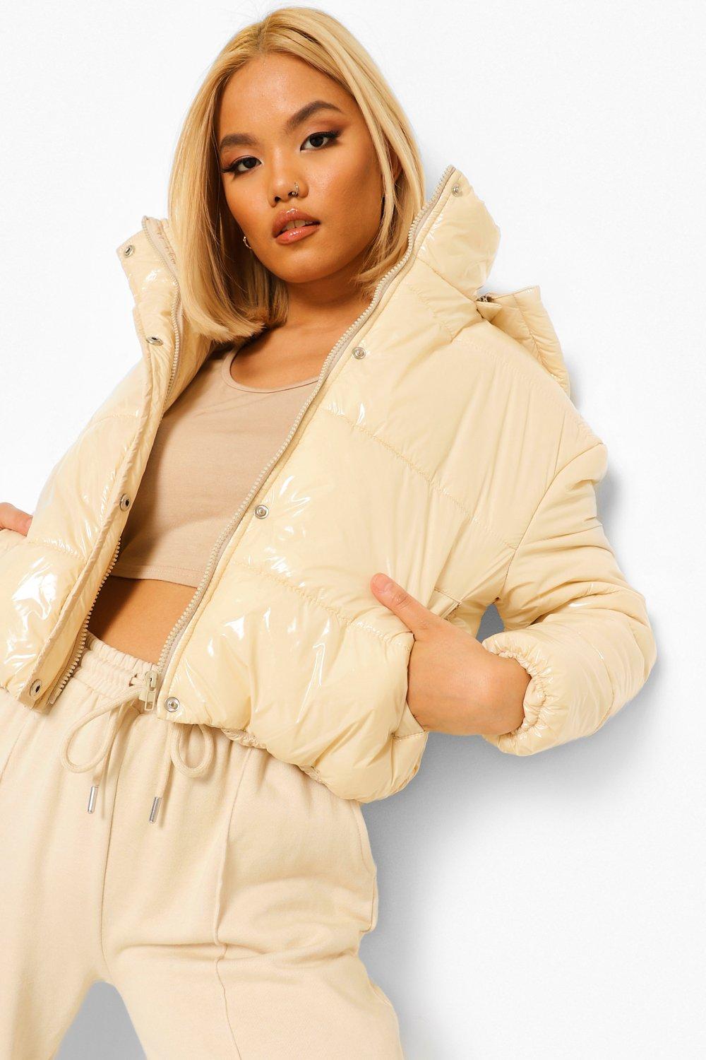 Petite hooded crop on sale high shine coat