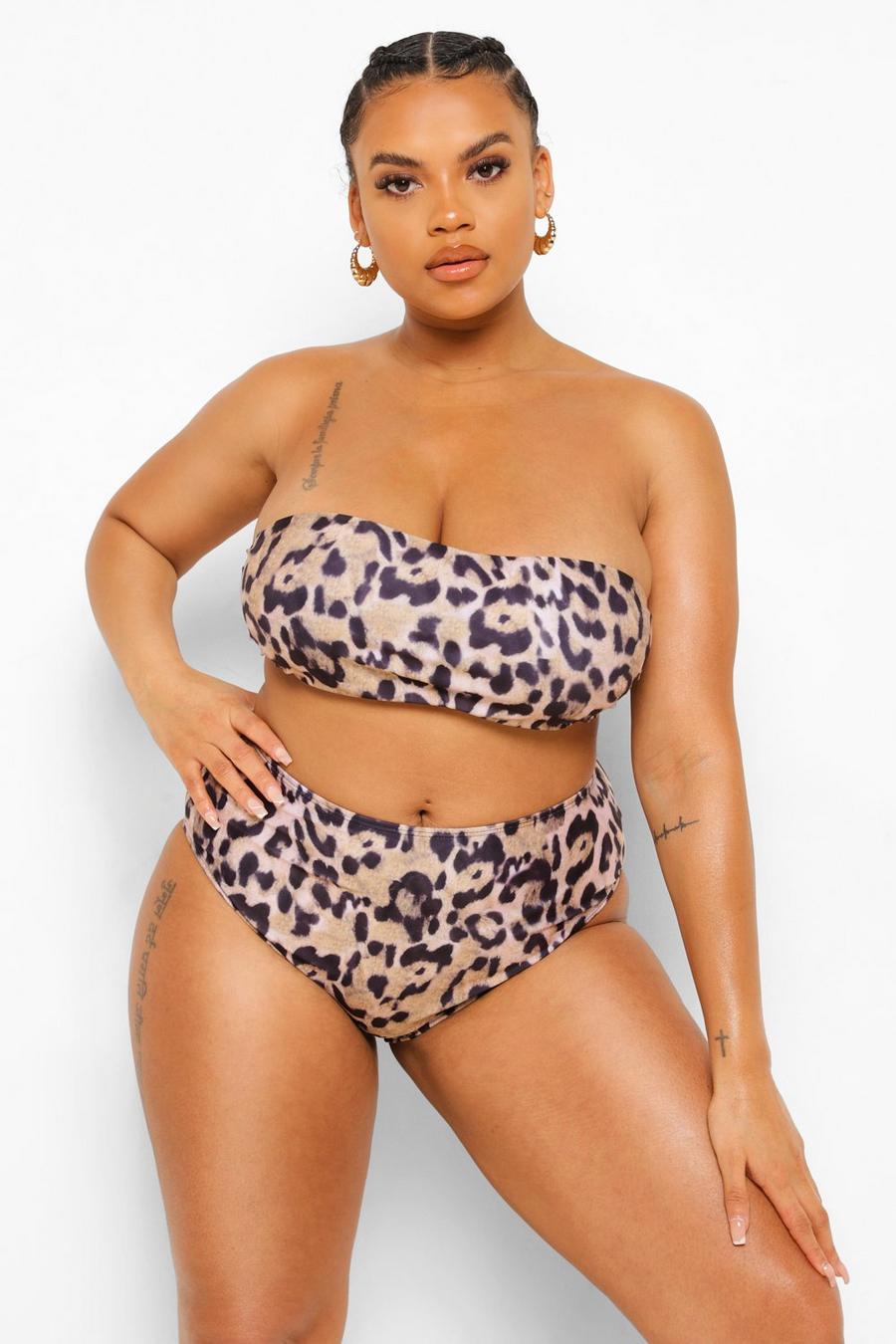 Top de bikini palabra de honor con estampado de leopardo Plus, Marrón image number 1