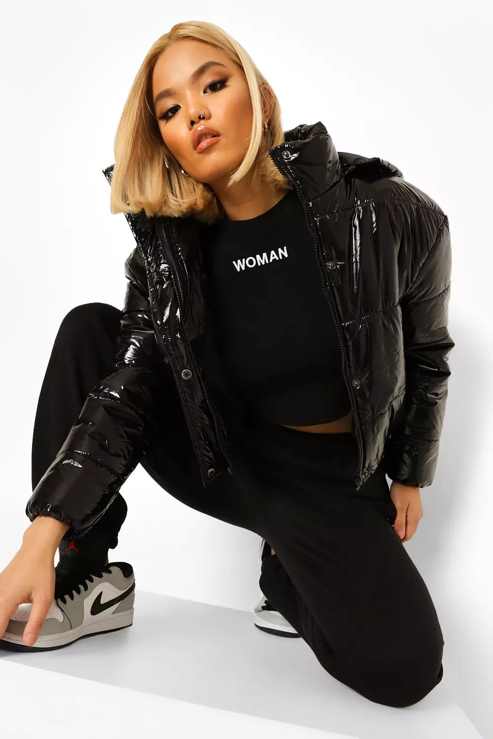 Petite hooded crop high shine coat online