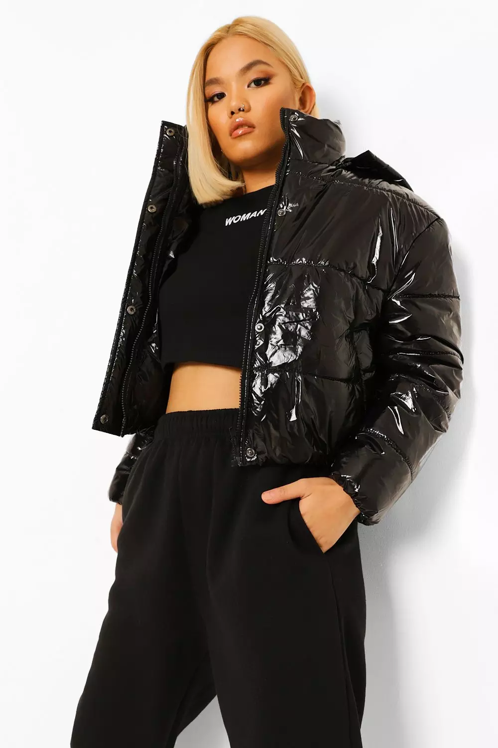 Hooded crop high store shine coat