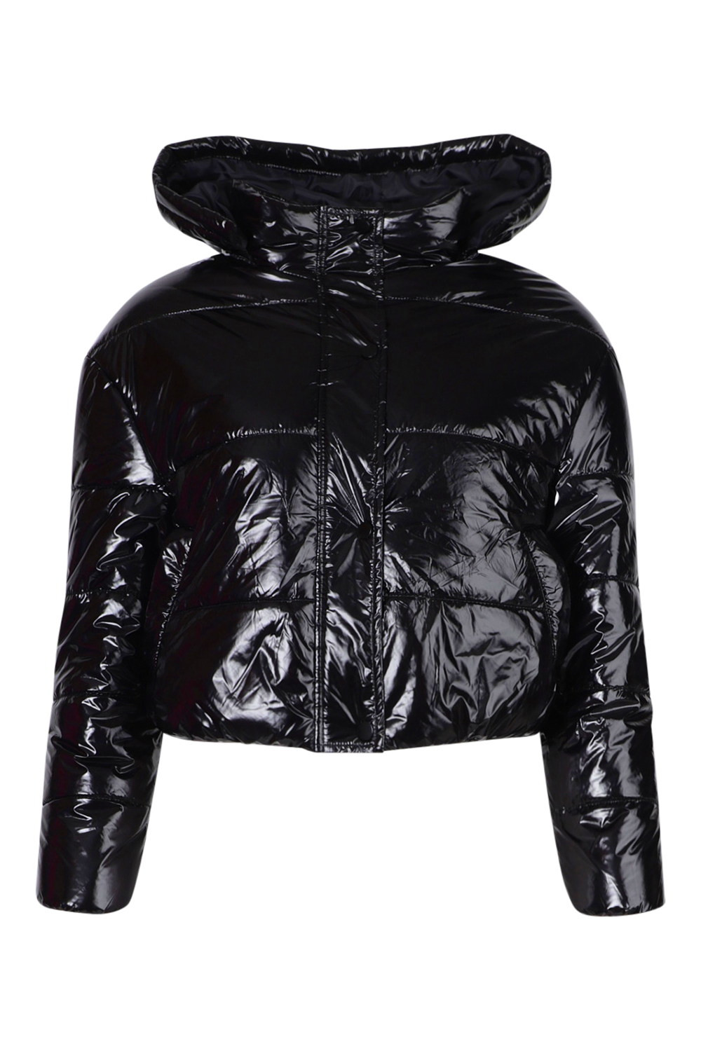 hooded crop high shine coat