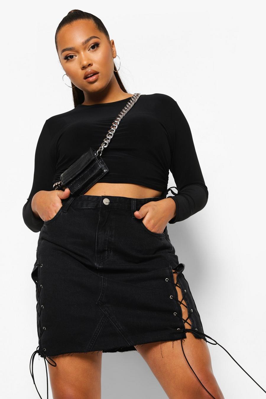 Black Plus Lace Up Mini Denim Skirt image number 1