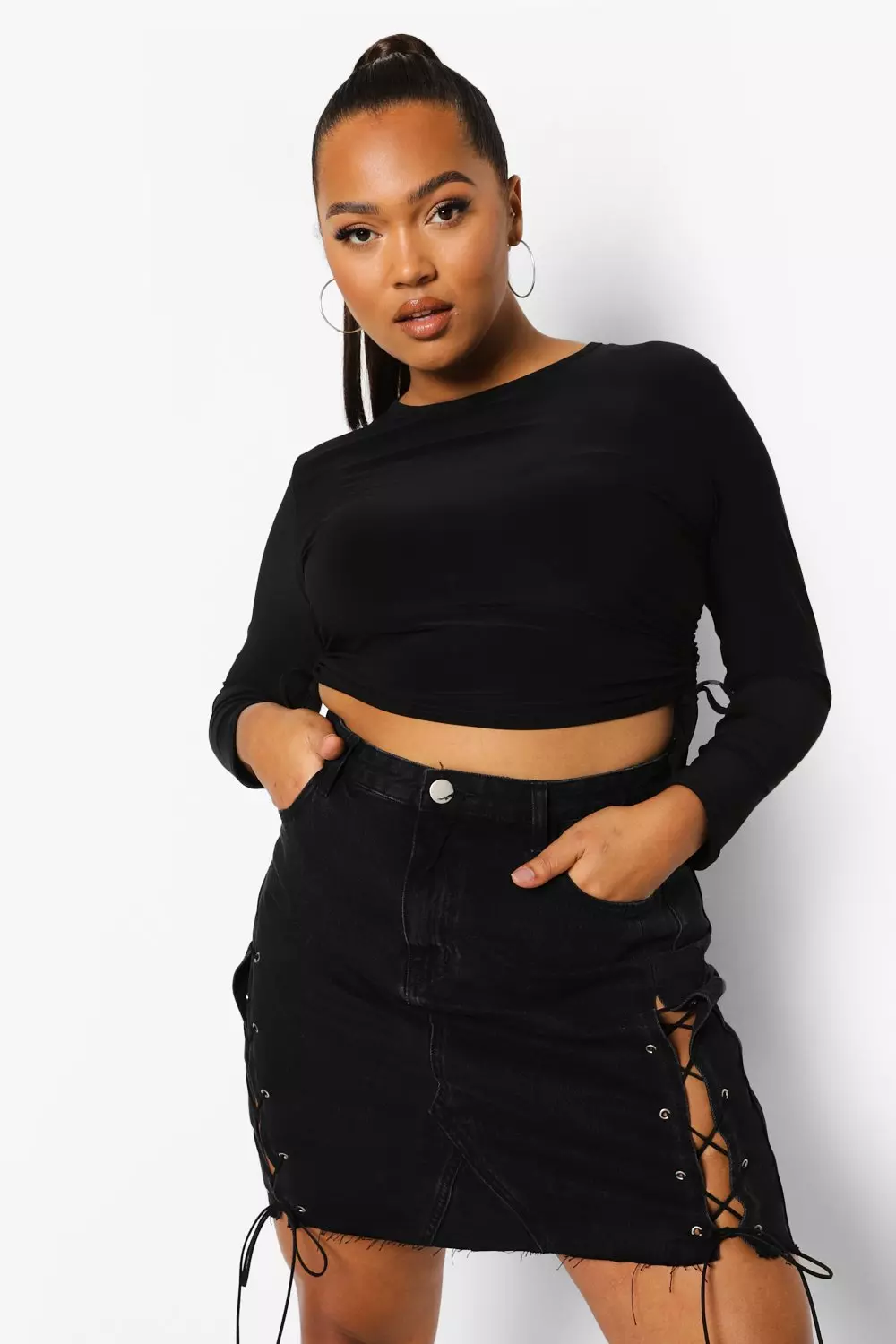 Black denim skirt lace cheap up