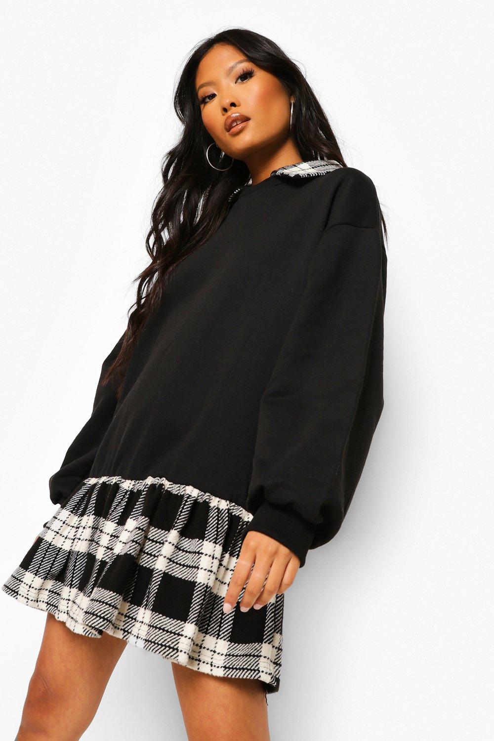 Petite 2 In 1 Check Shirt Sweatshirt Dress boohoo IE