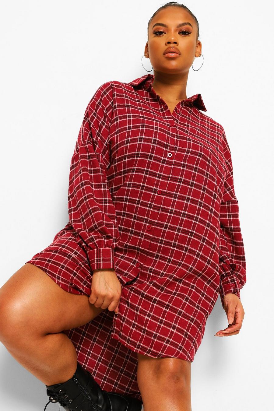 Red Plus Check Oversized Shirt Dress image number 1