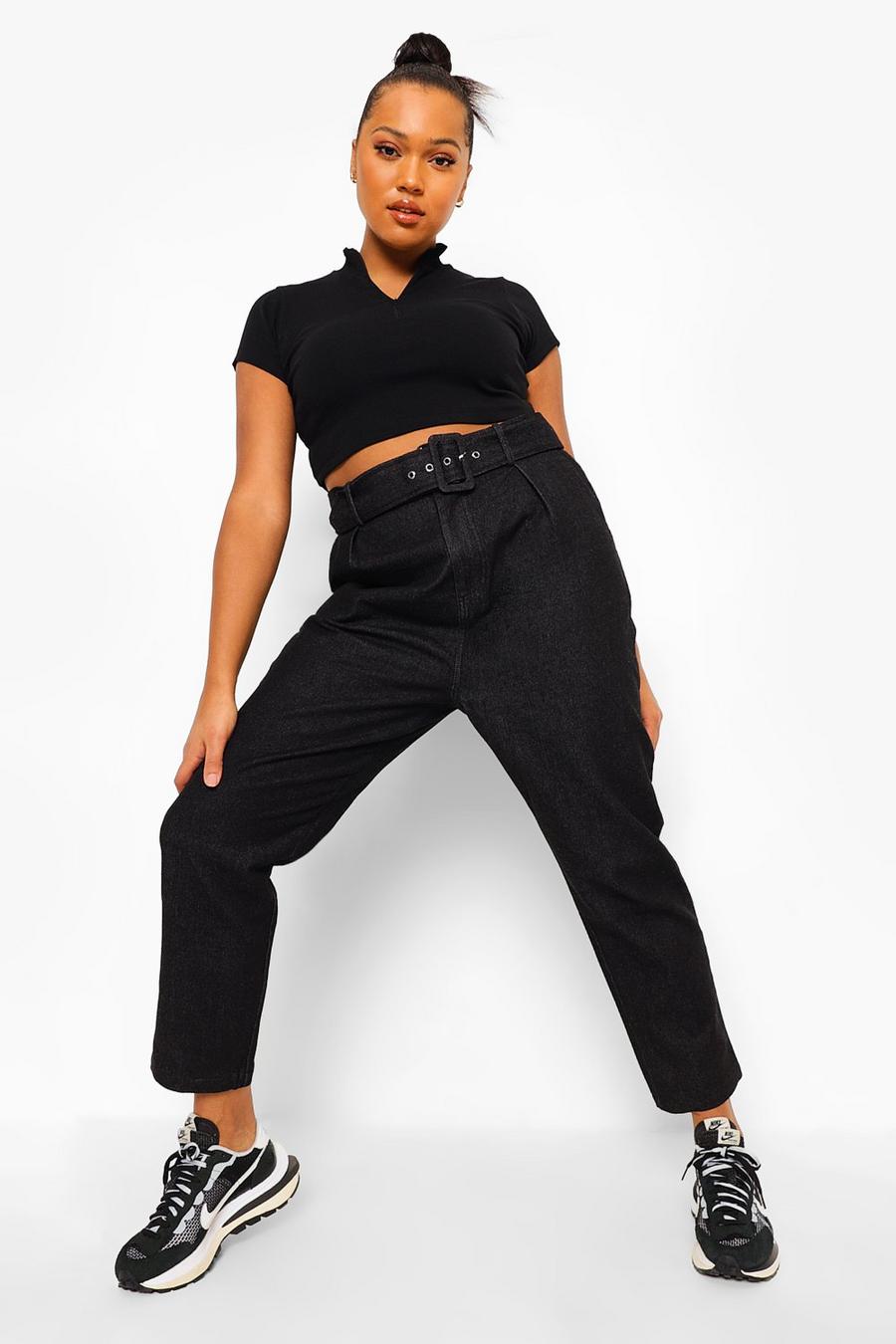 Black Plus Self Fabric Belted Jeans image number 1